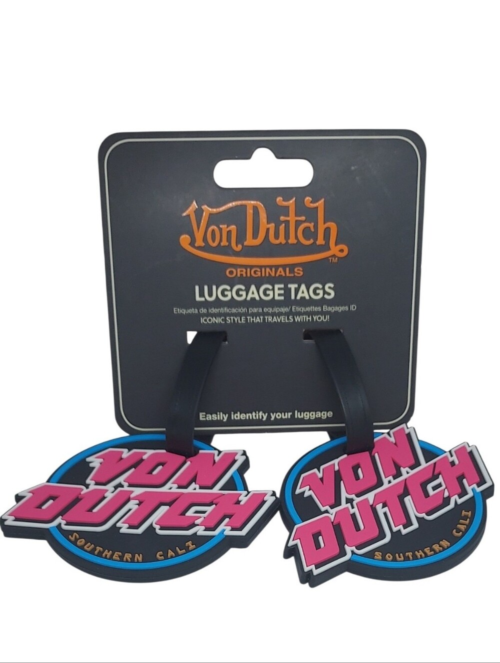 Von Dutch Pink and Blue Logo Luggage Tags with Black Straps  Set Of 2 NWT